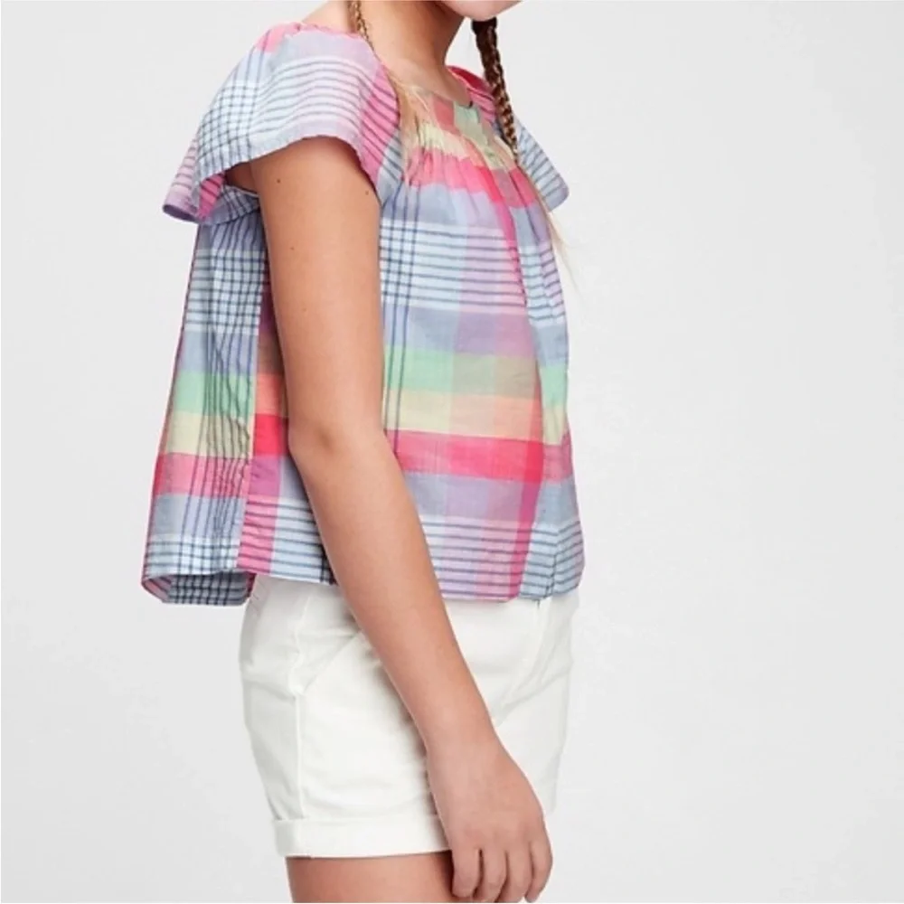 GAP Girls Size 10 Top Bundle 2 Pc Plaid & Light Blue Puff Sleeve Blouses